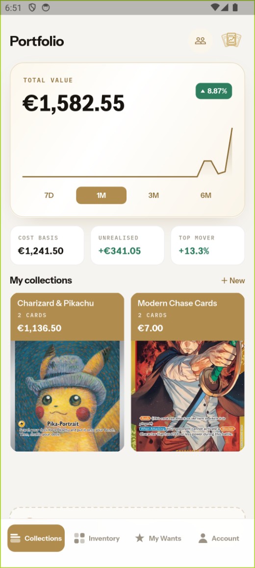 Portfolio and collections screen showing total value and 24h change
