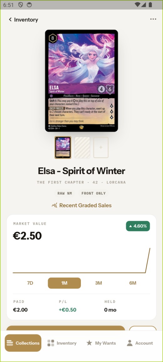 Card detail screen with market value and price history chart