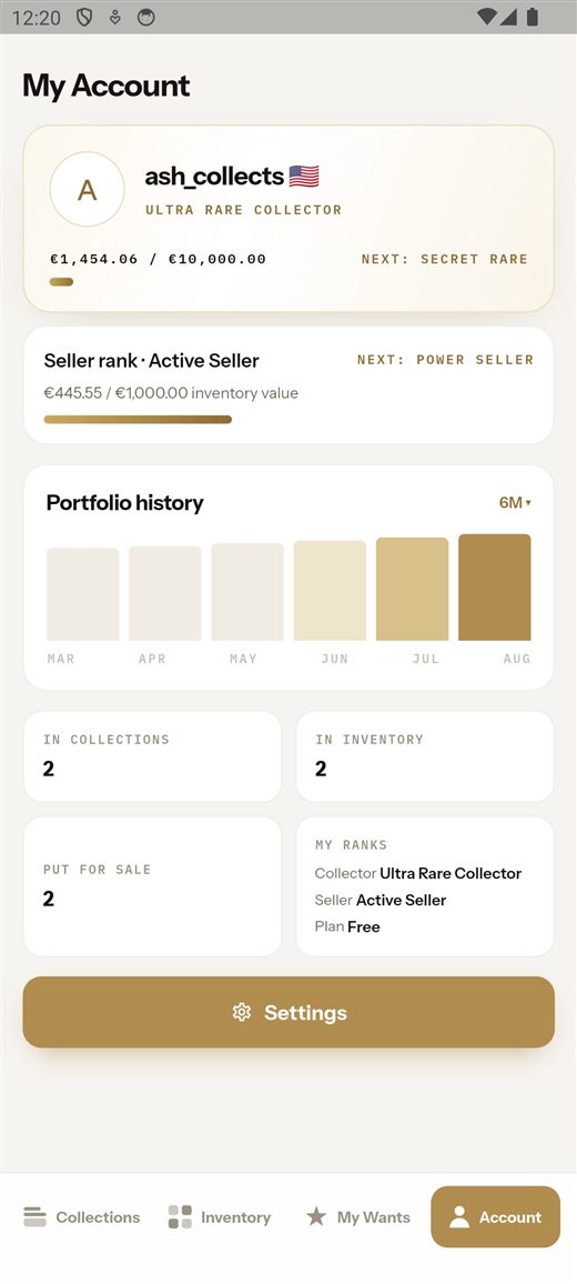 Account screen with collector rank and portfolio history