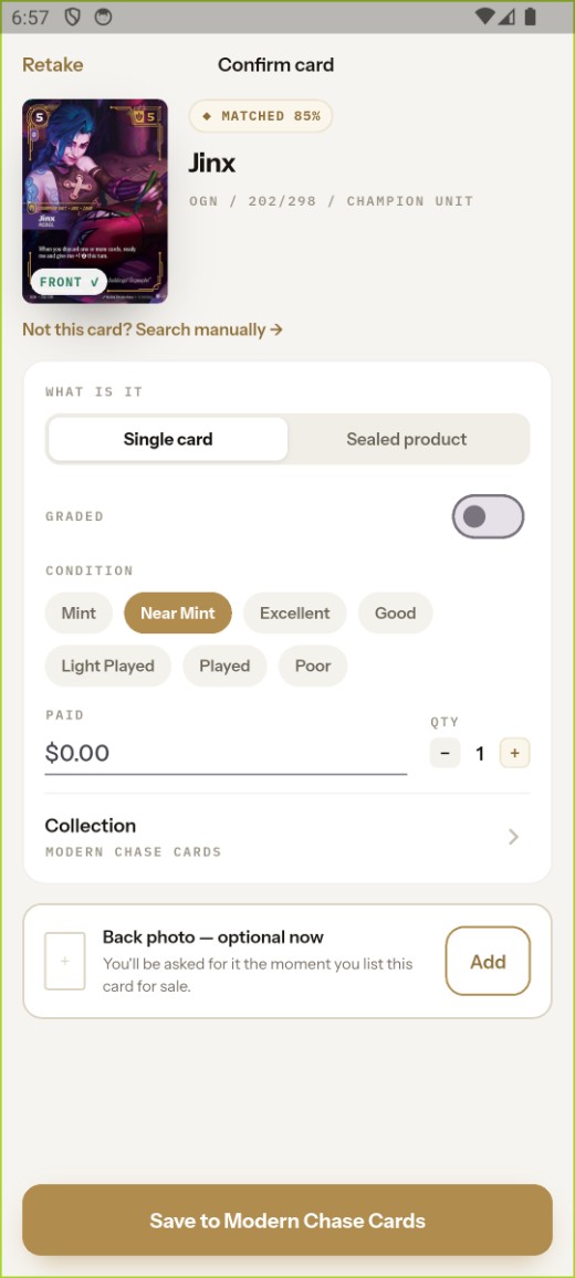 Confirm card screen after scanning a card with the camera